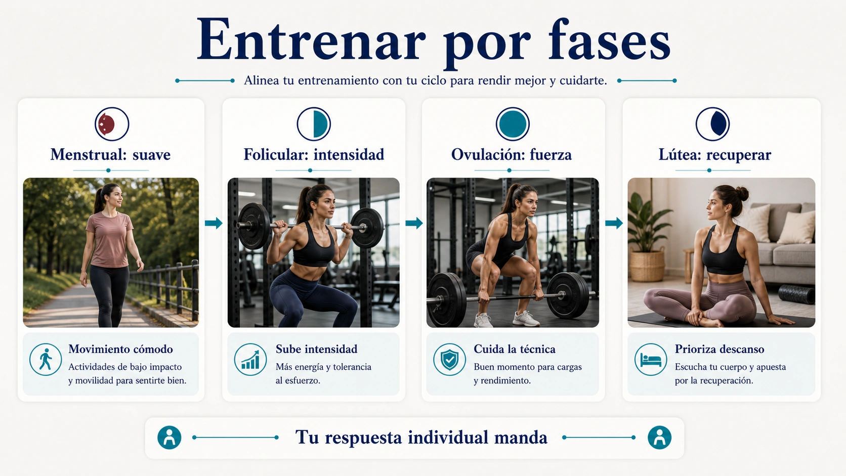 Entrenar por fases del ciclo menstrual con fase menstrual suave fase folicular intensidad ovulacion fuerza y fase lutea recuperacion