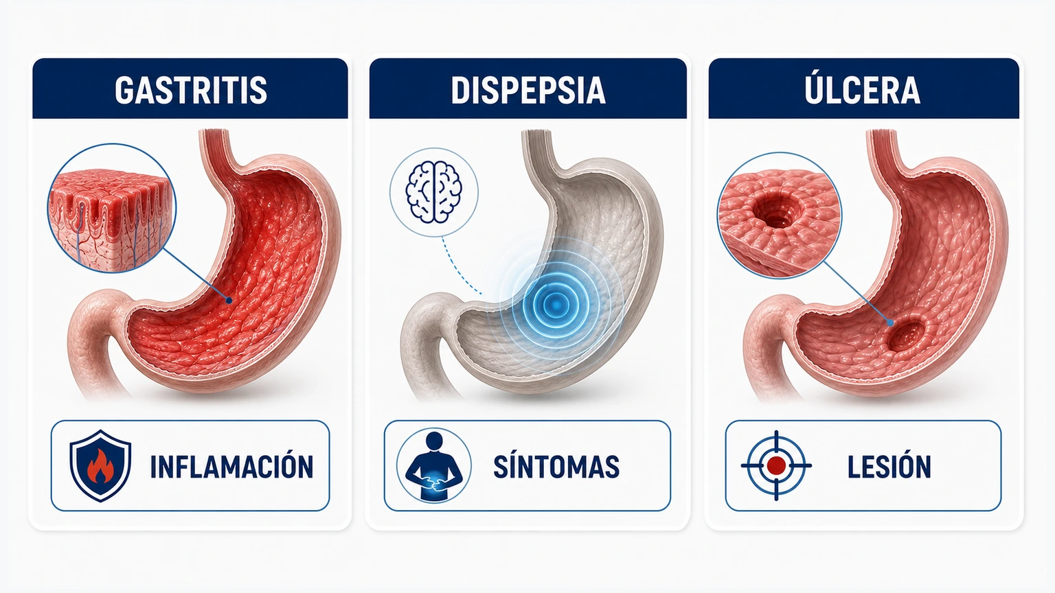 Comparativa visual entre gastritis dispepsia y úlcera péptica con inflamación síntomas y lesión