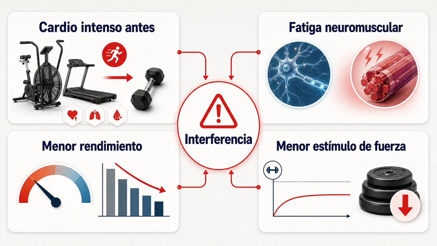 Infografia del efecto interferencia por hacer cardio intenso antes de fuerza con fatiga neuromuscular menor rendimiento y menor estimulo de fuerza