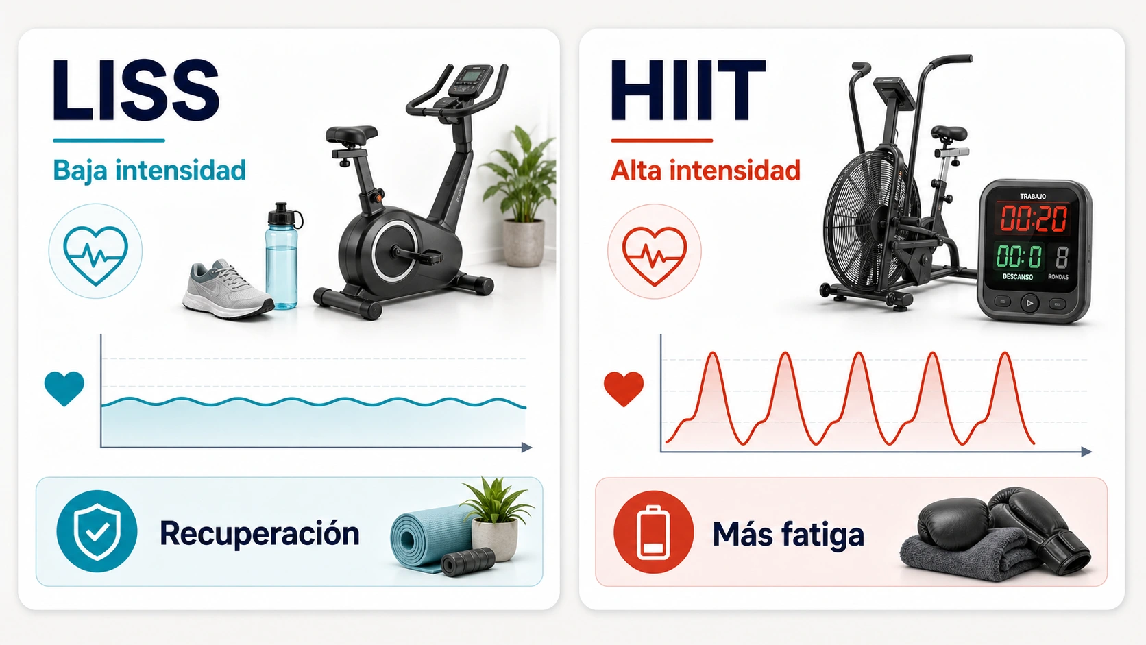 Comparativa entre cardio LISS de baja intensidad y recuperacion e HIIT de alta intensidad y mas fatiga