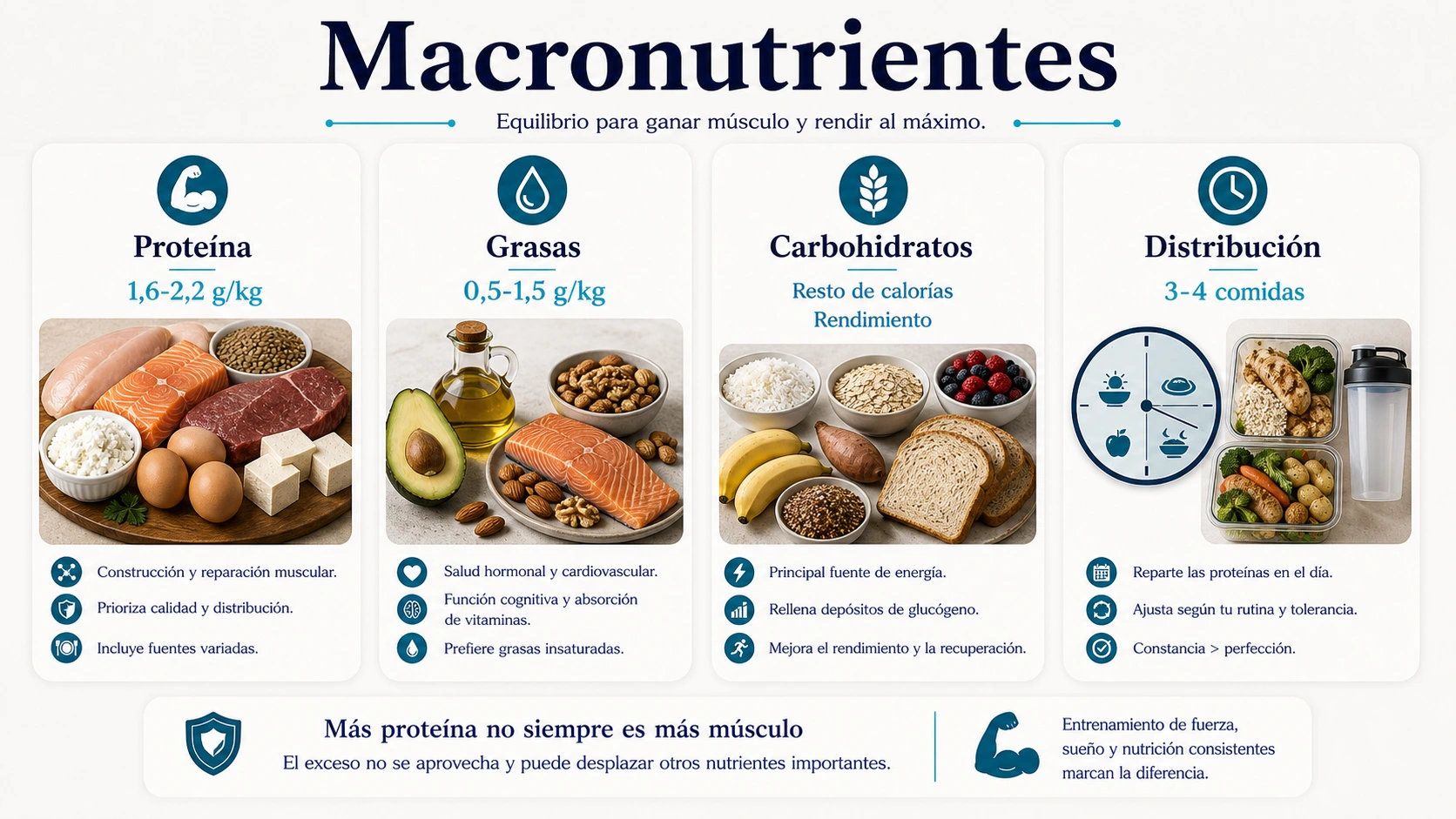Macronutrientes para ganar masa muscular con proteina uno coma seis a dos coma dos gramos por kilo grasas cero coma cinco a uno coma cinco gramos por kilo carbohidratos y distribucion