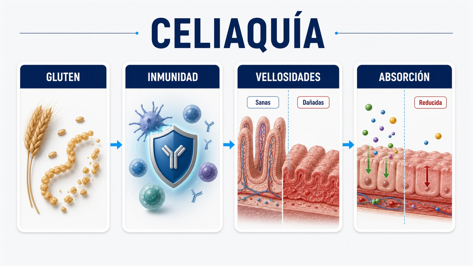 Diagrama del mecanismo de la celiaquía con gluten respuesta inmune vellosidades intestinales y absorción reducida
