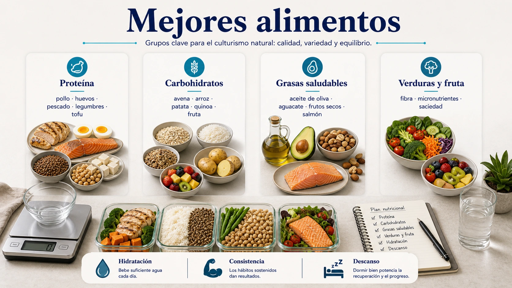 Mejores alimentos para culturismo natural con proteina carbohidratos grasas saludables verduras y fruta