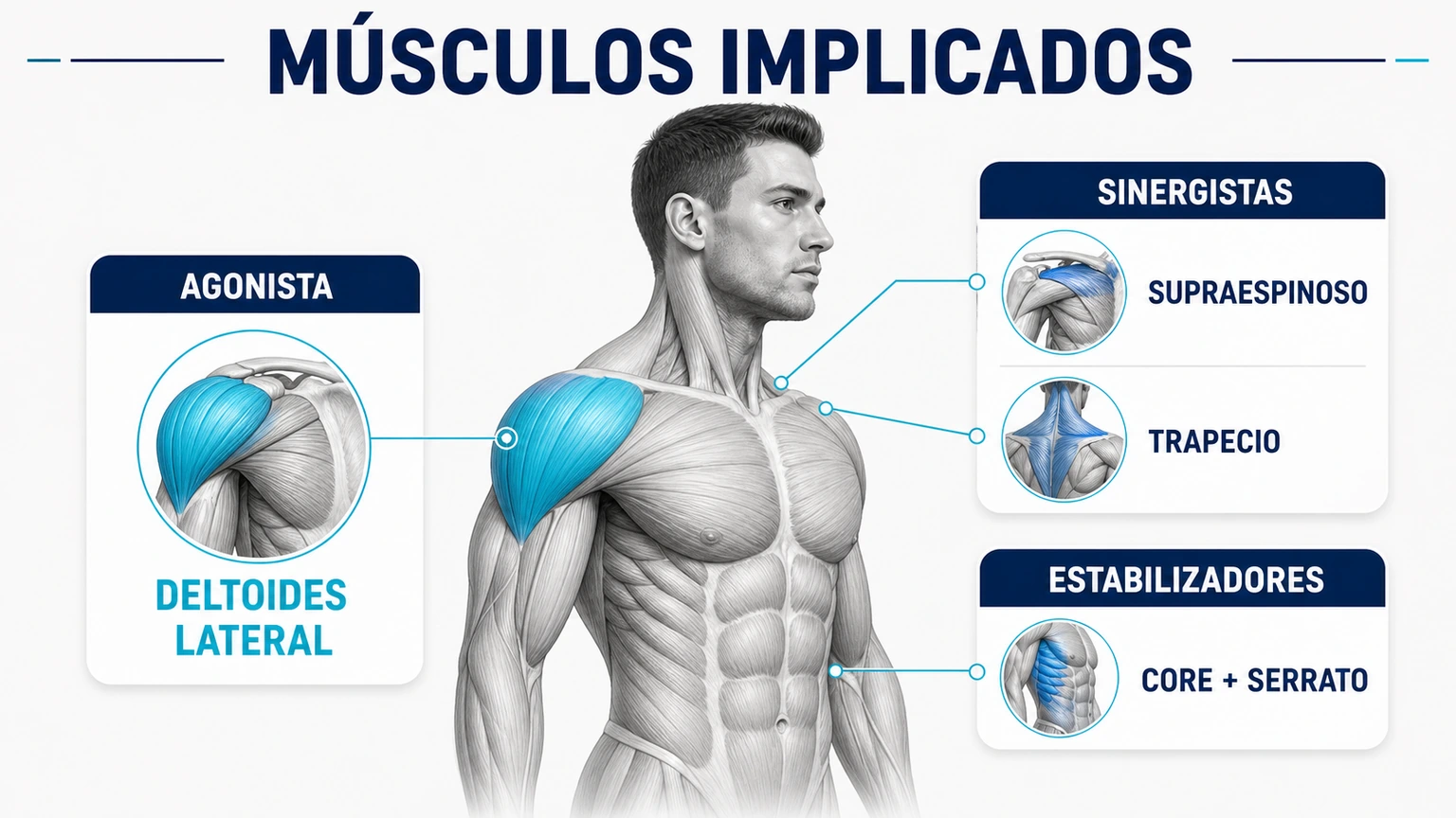 Ilustración anatómica de músculos implicados en elevaciones laterales con deltoides lateral sinergistas y estabilizadores