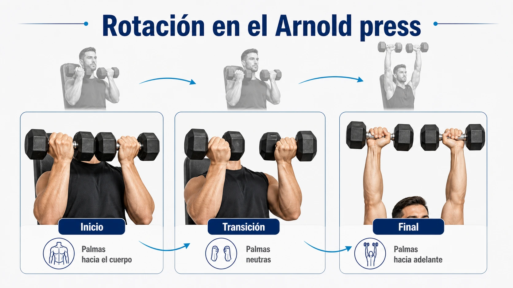 Diagrama de la rotación de manos en el press Arnold con tres posiciones distintas