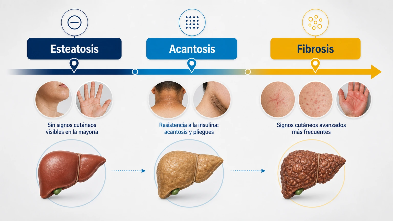 Escala clínica de progresión de signos cutáneos en hígado graso desde esteatosis hasta fibrosis