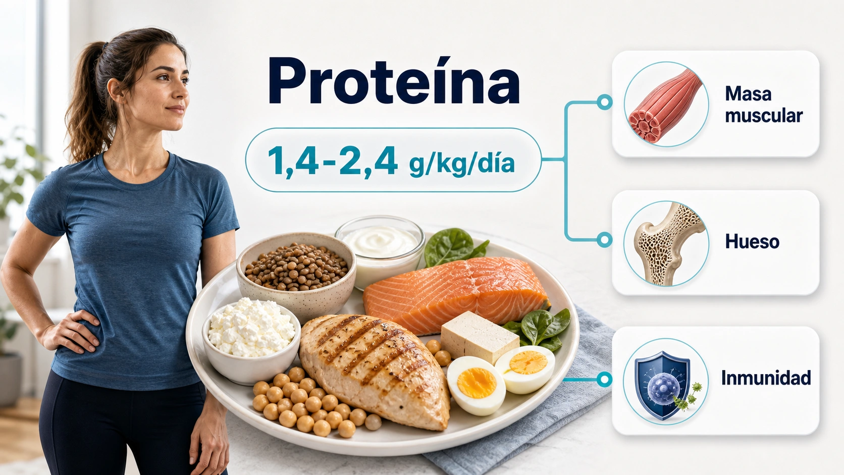 Infografia sobre proteina en mujeres para masa muscular hueso inmunidad y dosis diaria orientativa