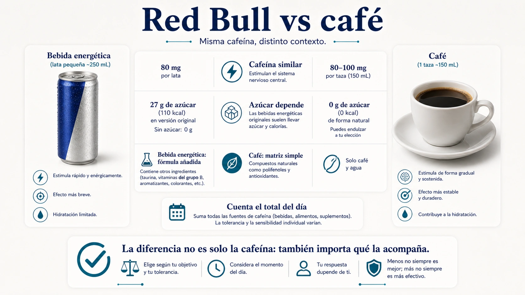 Comparativa entre Red Bull y cafe con cafeina azucar y matriz alimentaria