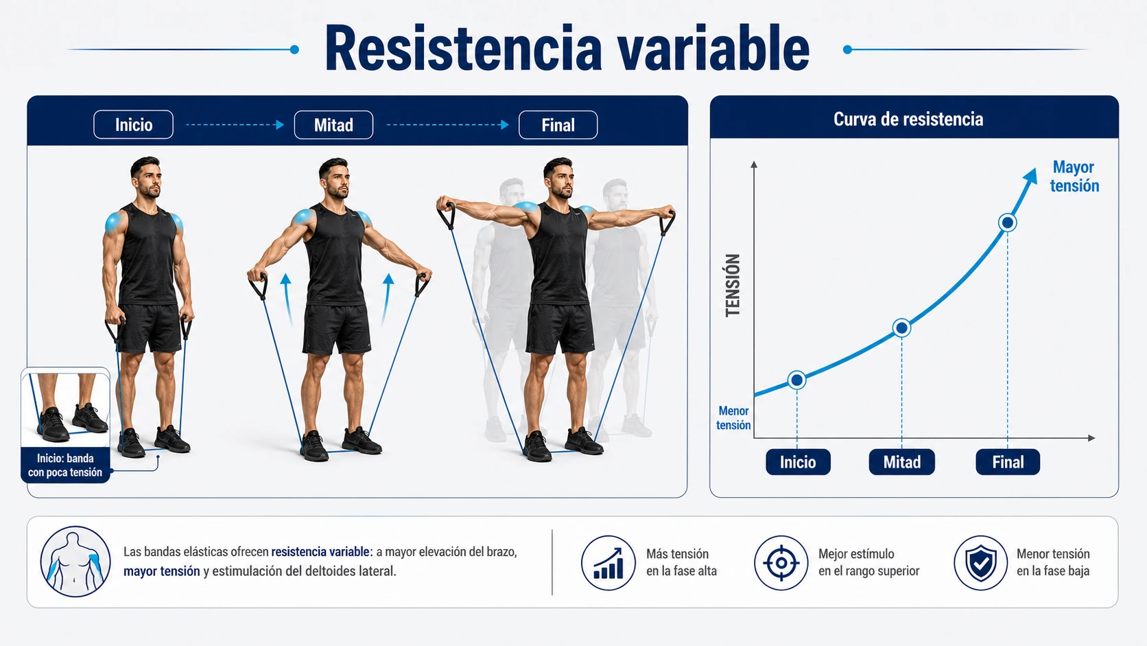 Infografía de resistencia variable con bandas en elevaciones laterales con posición inicial clara