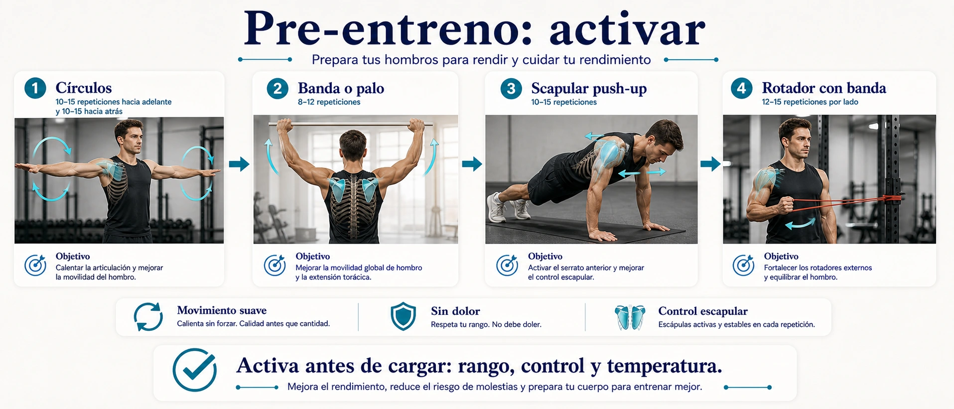 Rutina dinamica preentreno de movilidad de hombro con circulos banda o palo scapular push up y rotador con banda