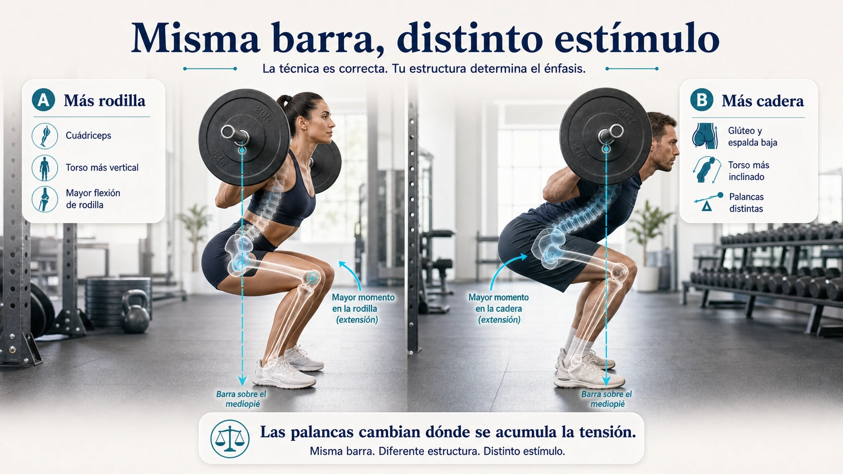 Sentadilla con barra y diferencias de palancas que cambian el estimulo en cuadriceps cadera y espalda baja
