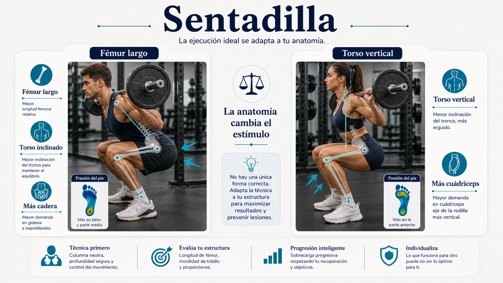 Sentadilla en culturismo natural con femur largo torso inclinado mas cadera torso vertical y mas cuadriceps