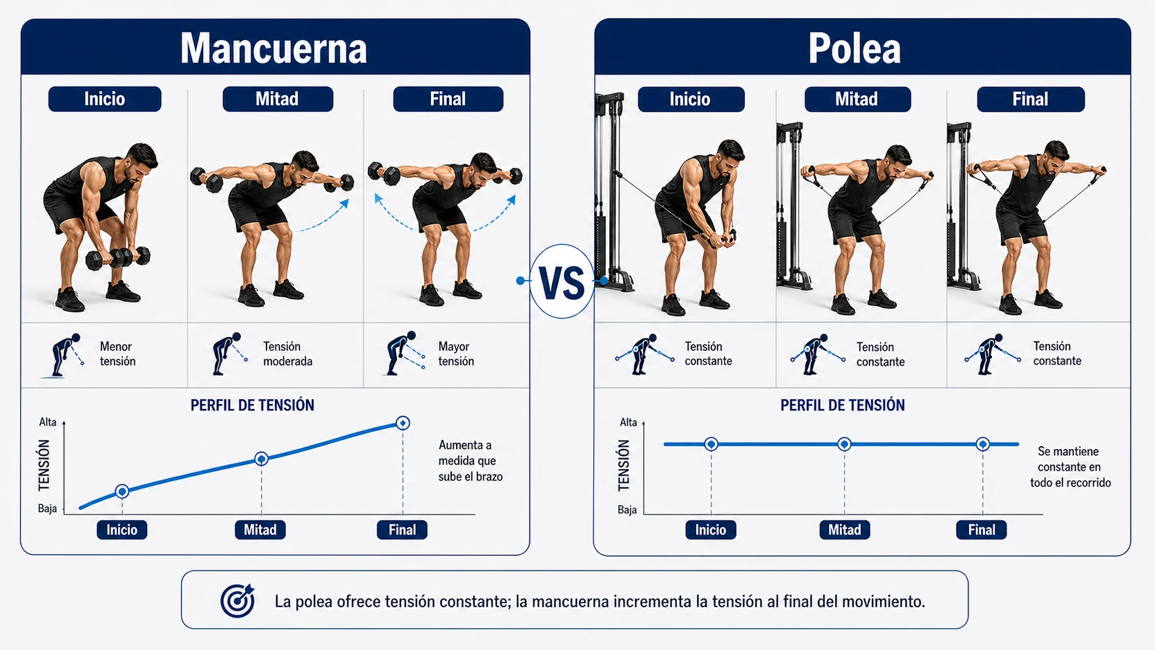 Comparativa de tensión entre mancuerna y polea para deltoides posterior