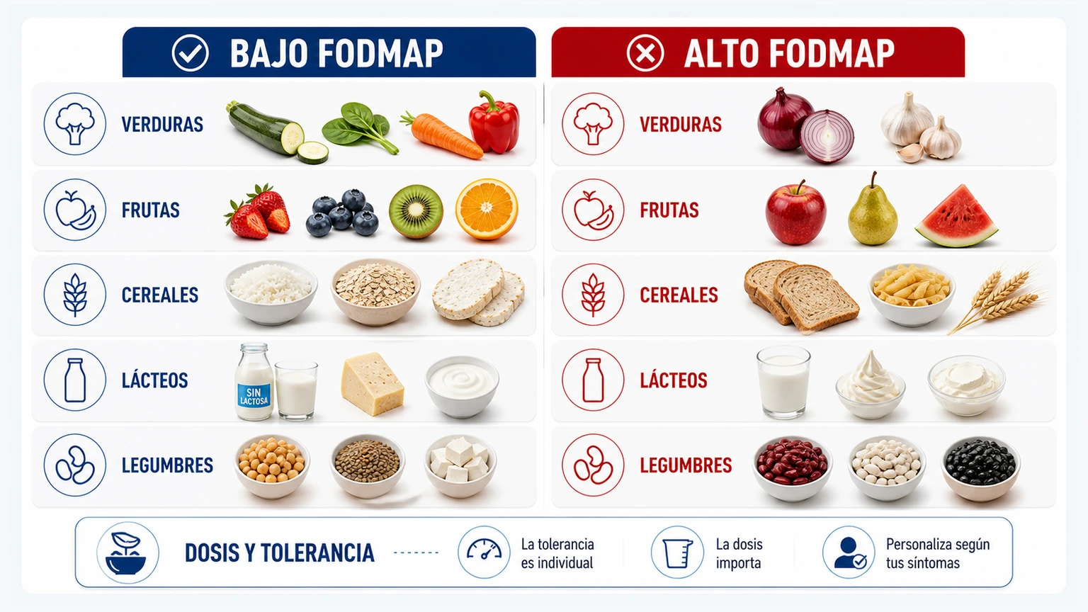 Comparativa de alimentos bajo FODMAP y alto FODMAP por familias con dosis y tolerancia