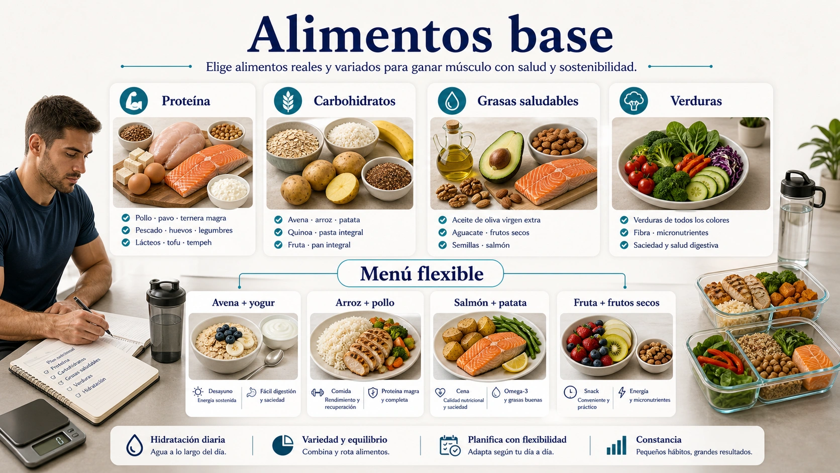 Alimentos base para ganar masa muscular con proteina carbohidratos grasas saludables verduras y menu flexible