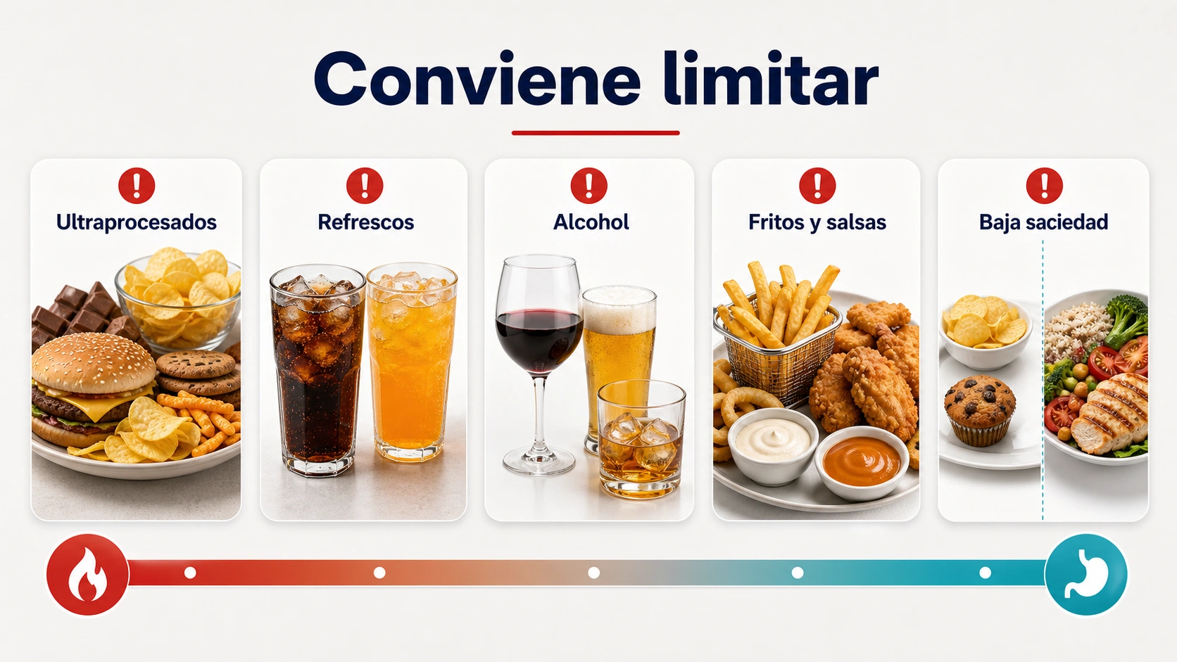 Infografia de alimentos y bebidas que conviene limitar para perder grasa como ultraprocesados refrescos alcohol fritos y salsas