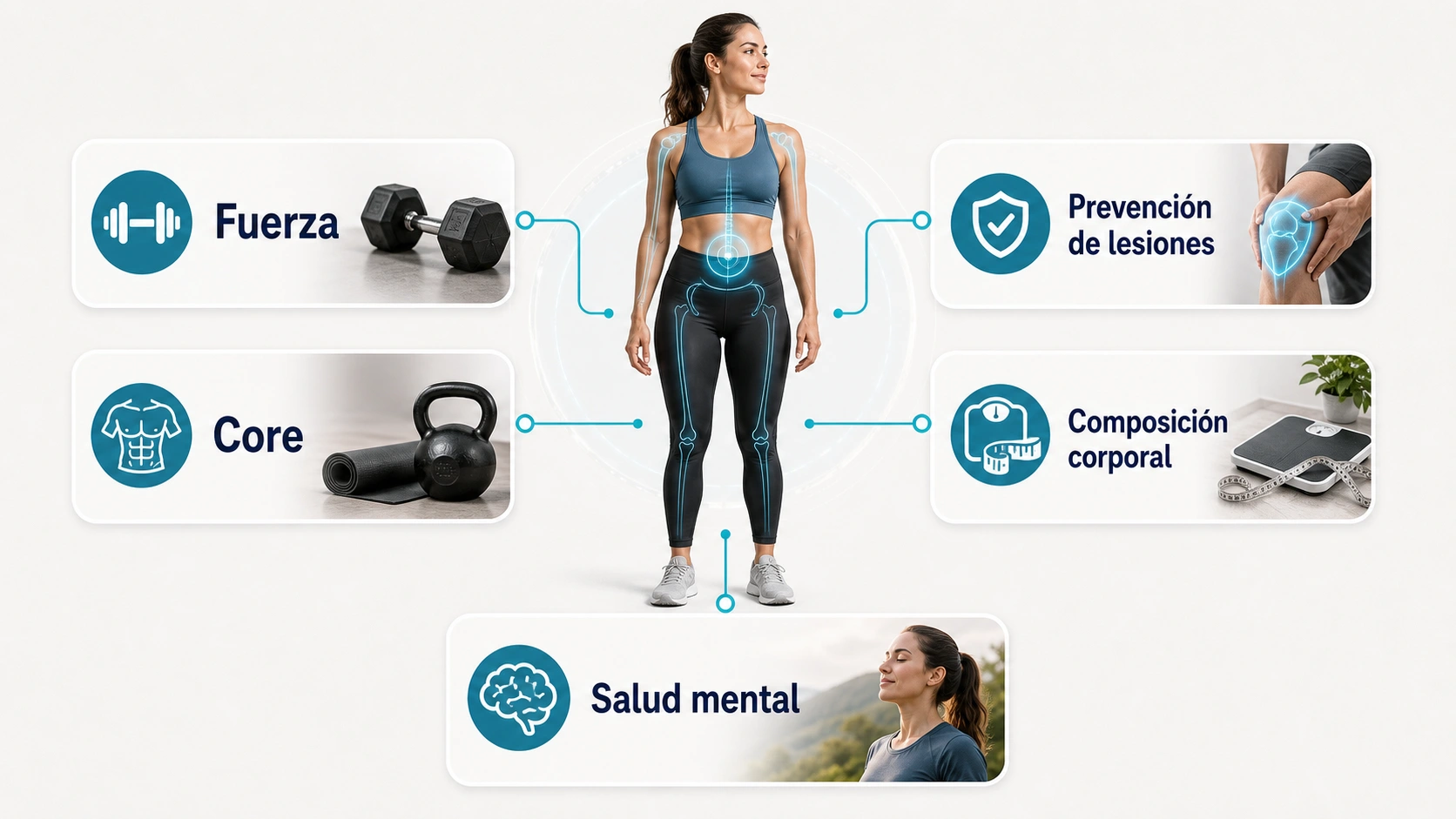 Beneficios del entrenamiento funcional para mujeres con fuerza core prevencion de lesiones composicion corporal y salud mental