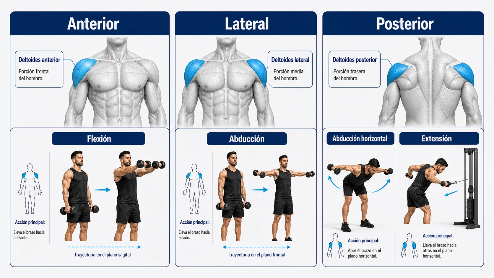 Infografía de las cabezas anterior lateral y posterior del deltoides con abducción horizontal y extensión