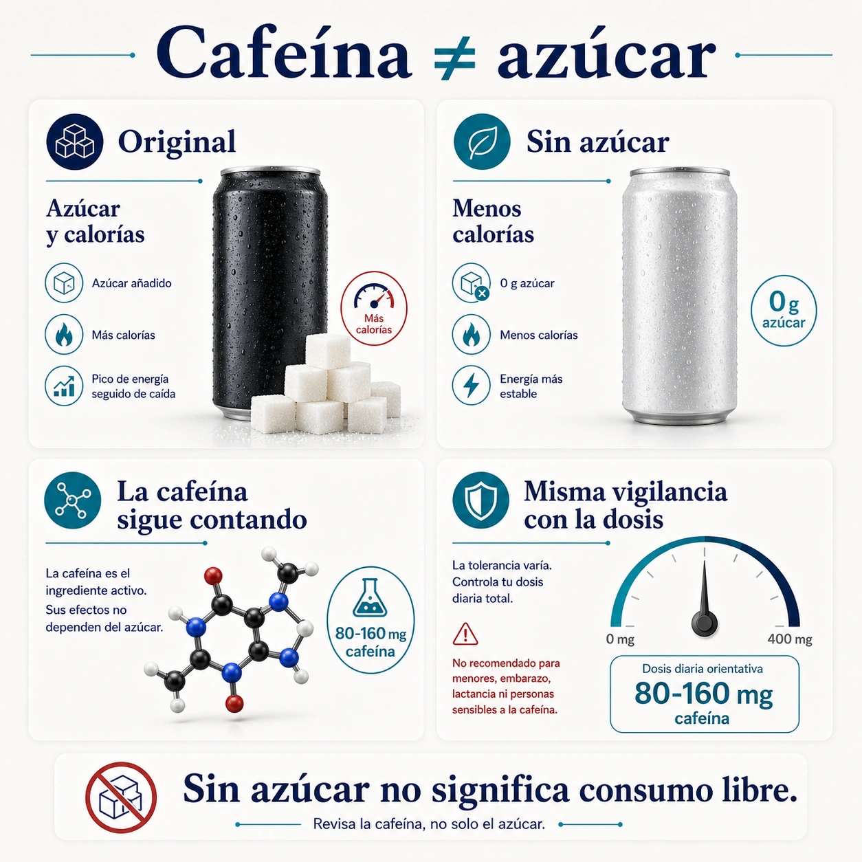 Diferencia entre cafeina y azucar en bebidas energeticas originales y sin azucar