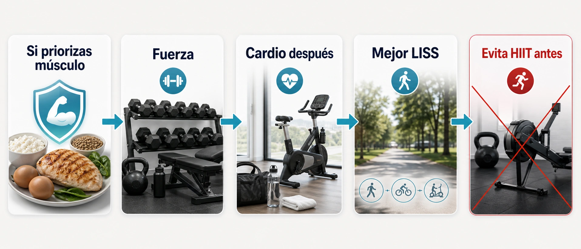 Secuencia recomendada si priorizas musculo con fuerza primero cardio despues mejor LISS y evitar HIIT antes