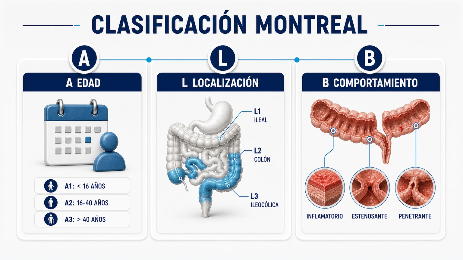 Infografía de clasificación Montreal de Crohn por edad localización y comportamiento inflamatorio estenosante o penetrante