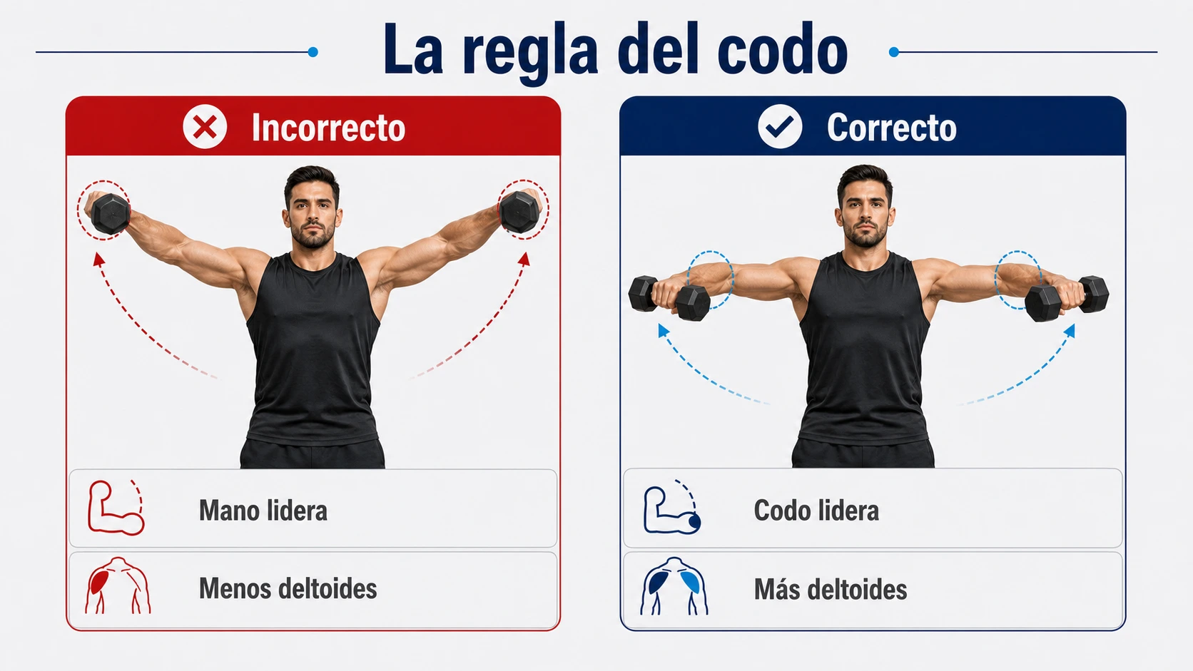 Infografía de elevaciones laterales donde el codo conduce el movimiento