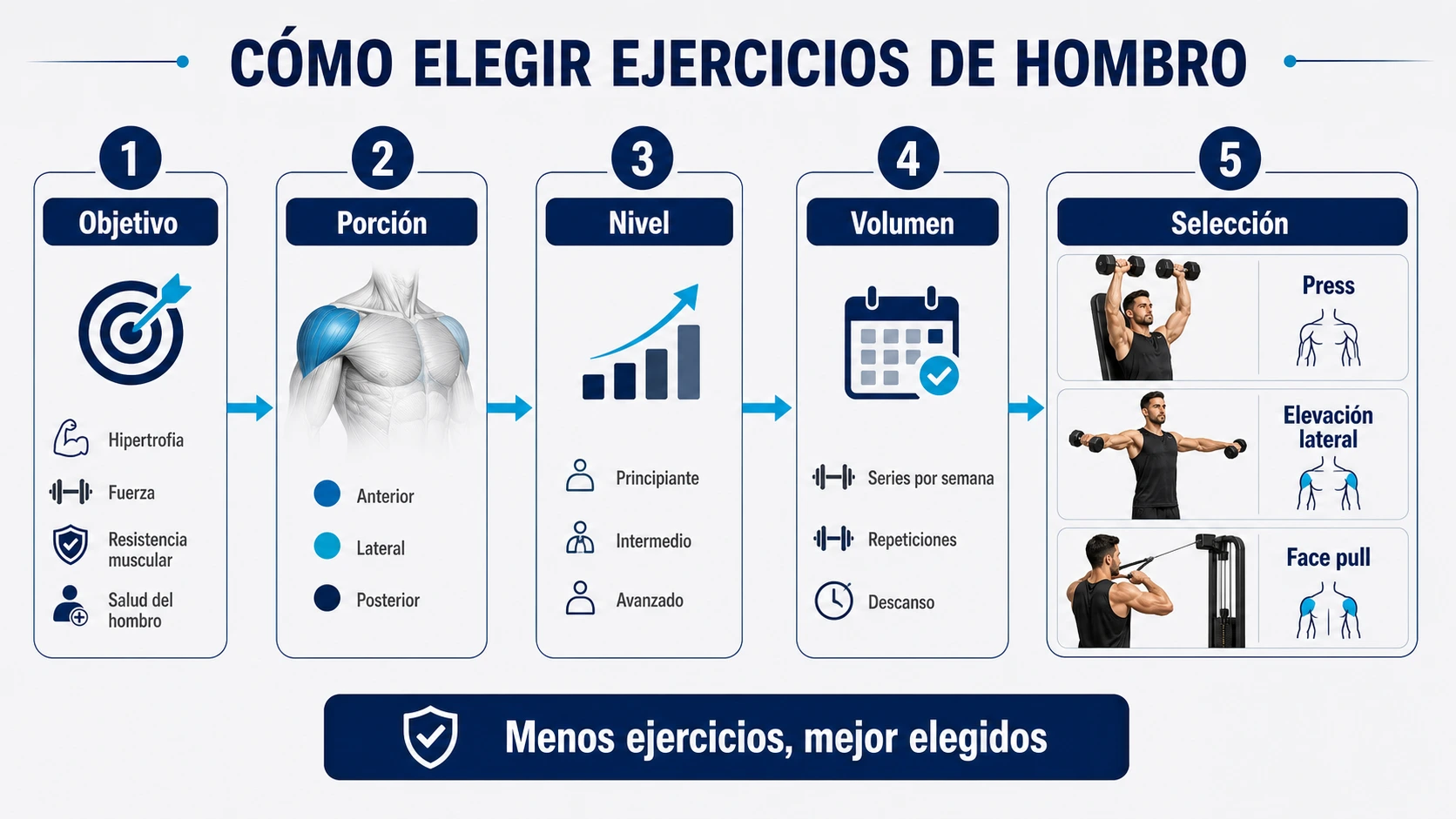 Infografía para elegir ejercicios de hombro según objetivo porción nivel y volumen