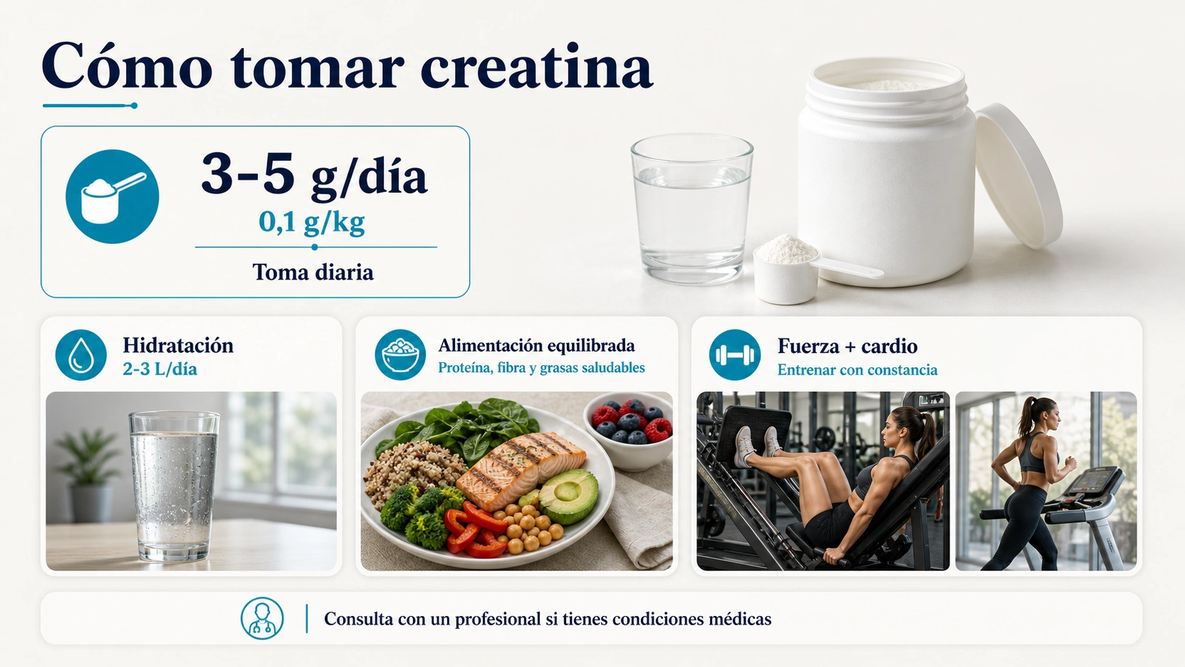 Como tomar creatina en mujeres con dosis tres a cinco gramos hidratacion alimentacion equilibrada fuerza y cardio