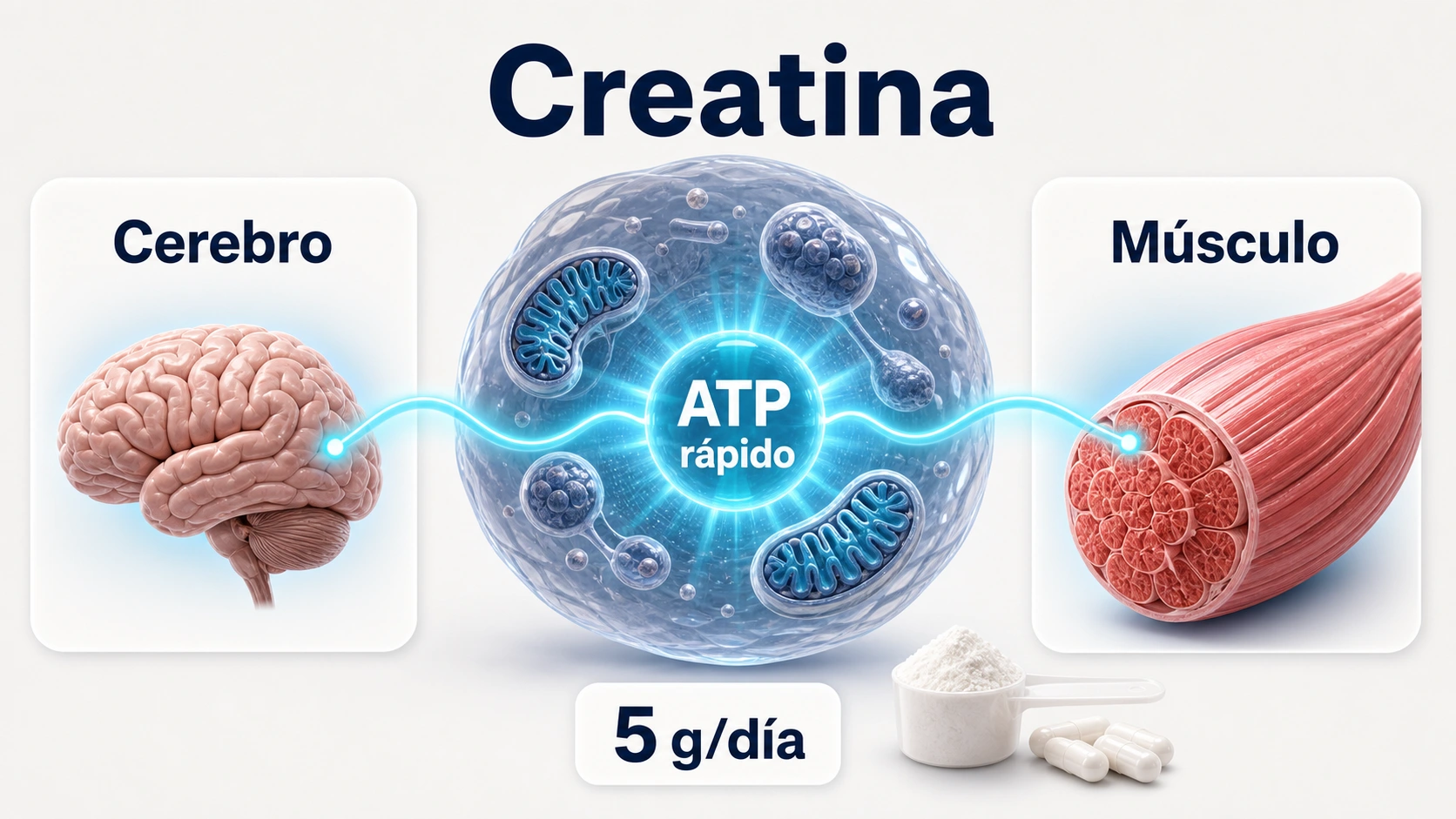 Infografia de creatina para mujeres como apoyo de ATP rapido en cerebro y musculo con dosis de cinco gramos al dia
