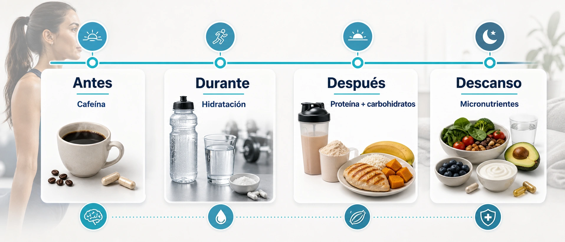 Linea temporal sobre cuando usar suplementos deportivos en mujeres antes durante despues del entrenamiento y en descanso