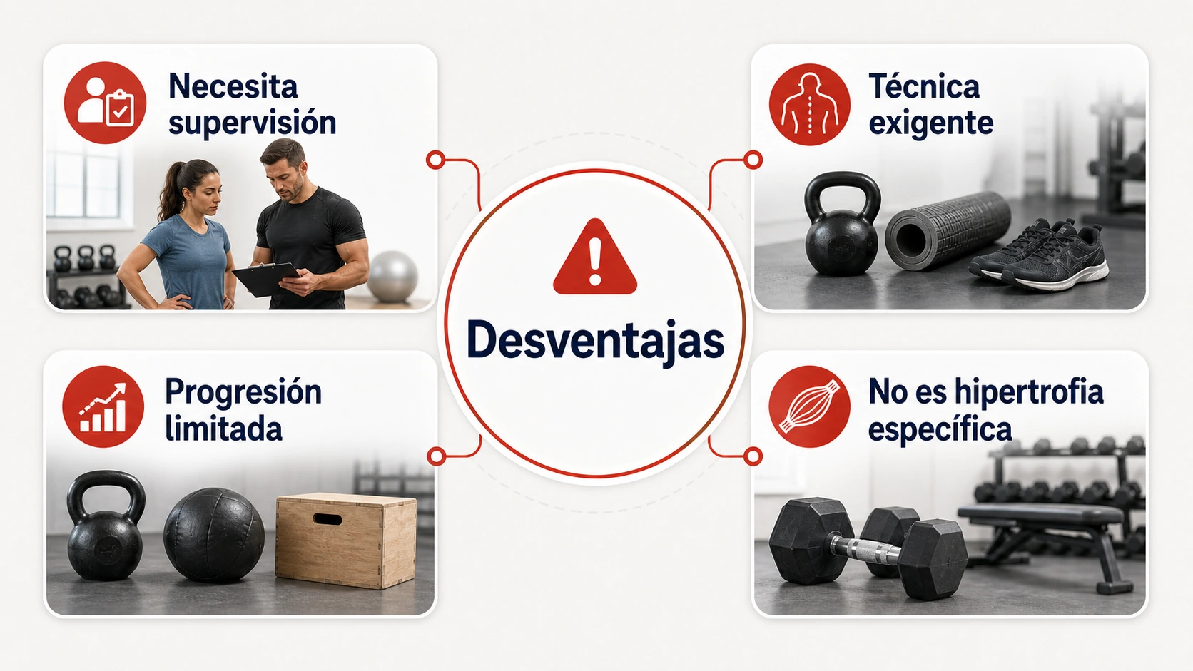 Desventajas del entrenamiento funcional con necesidad de supervision tecnica exigente progresion limitada y menor enfoque en hipertrofia