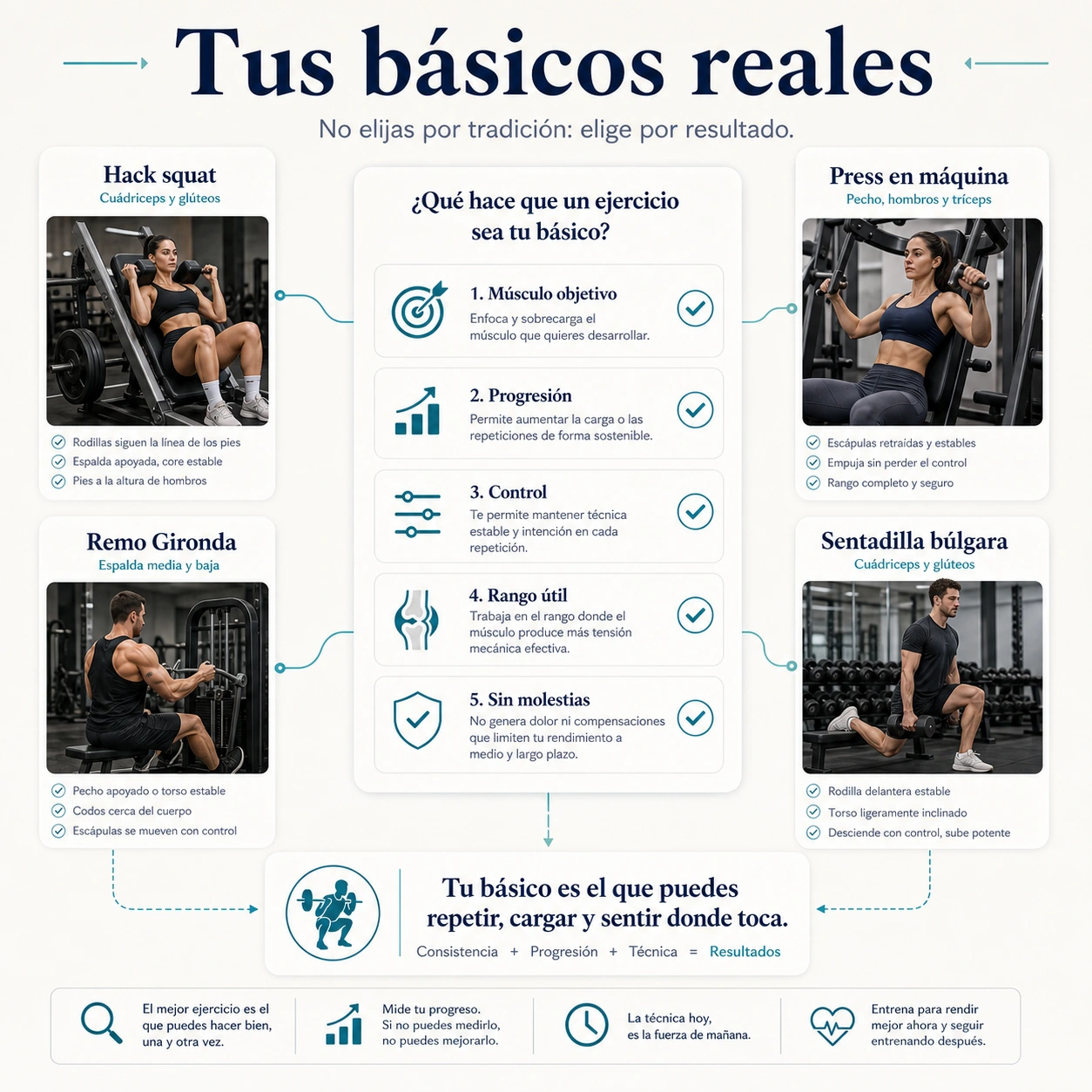 Criterios para elegir los basicos reales en culturismo natural segun musculo objetivo progresion control rango util y molestias