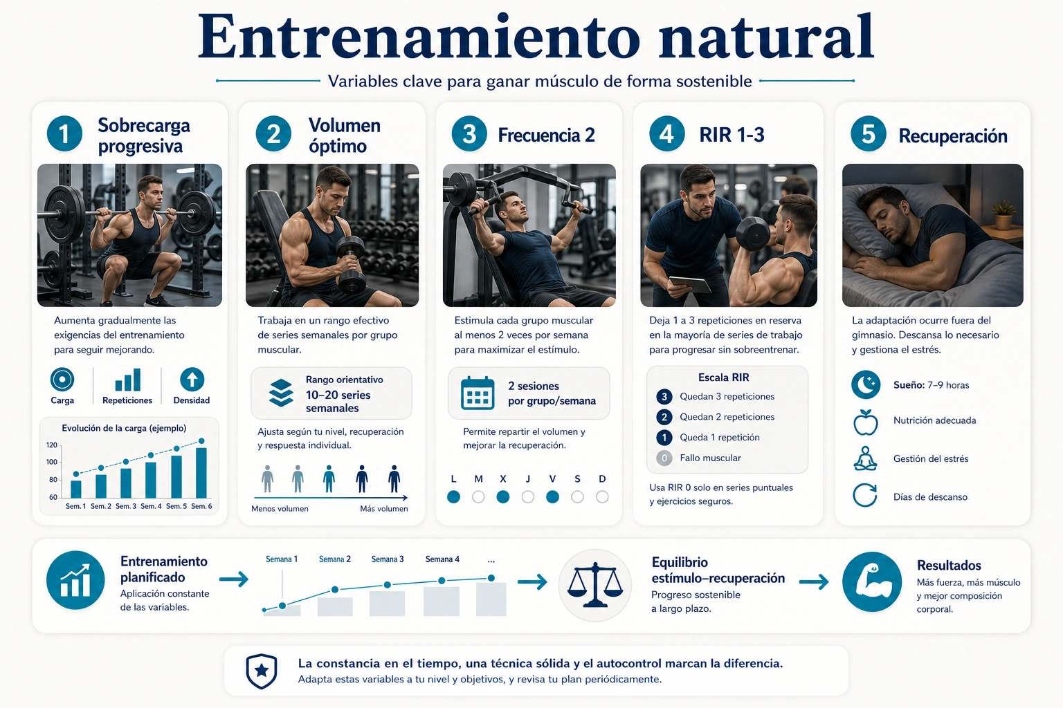 Entrenamiento de culturismo natural con sobrecarga progresiva volumen optimo frecuencia dos RIR uno a tres y recuperacion