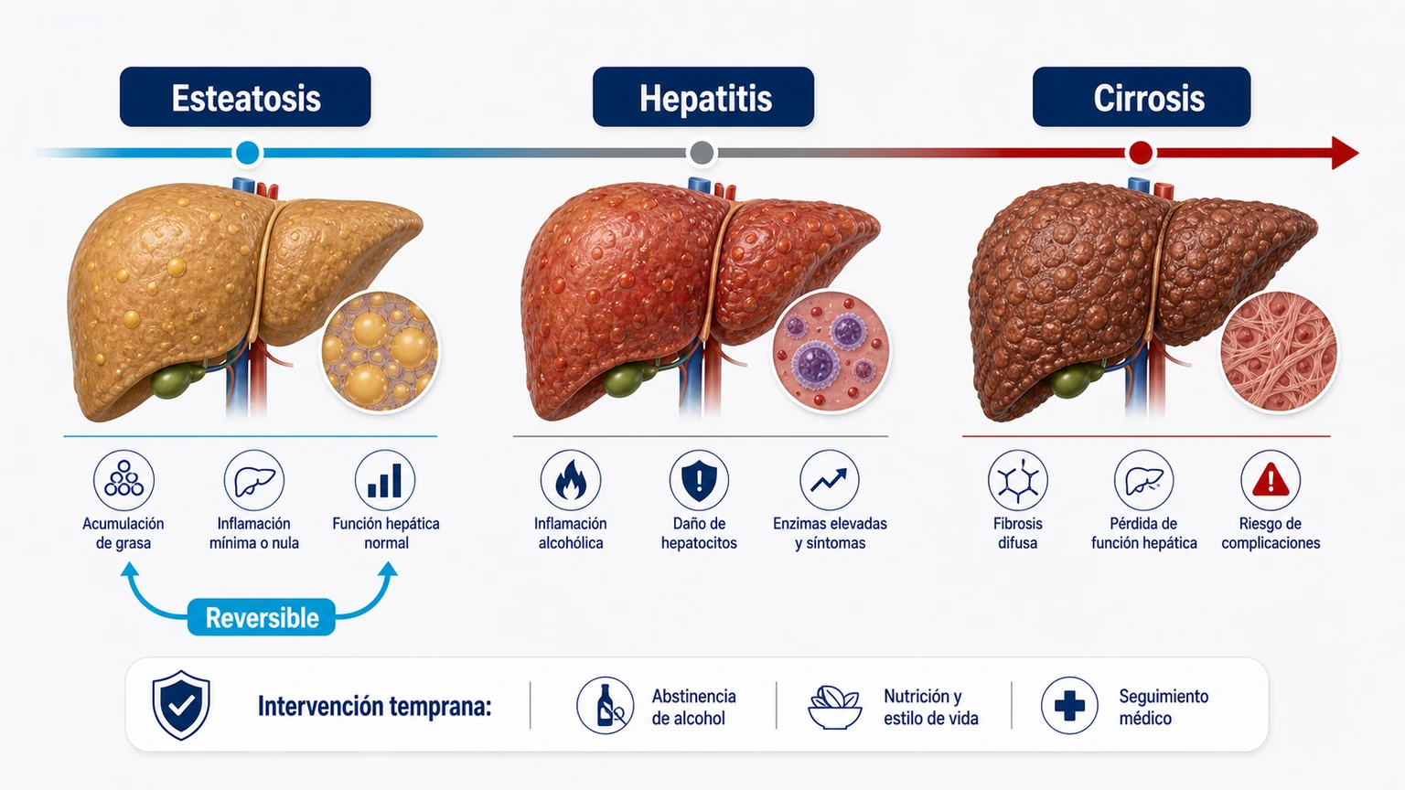 Escala de estadios del hígado graso alcohólico con esteatosis hepatitis cirrosis y reversibilidad temprana