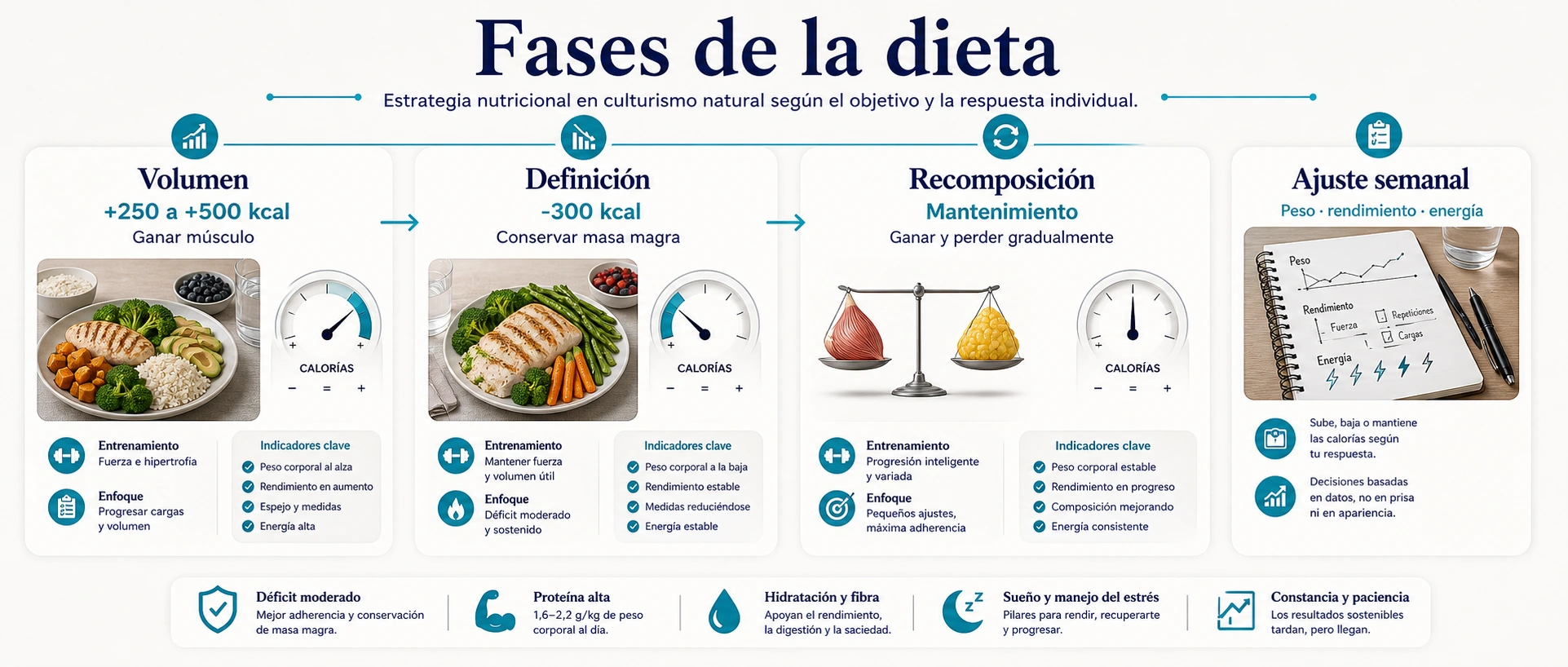 Fases de la dieta de culturismo natural con volumen definicion recomposicion y ajuste semanal