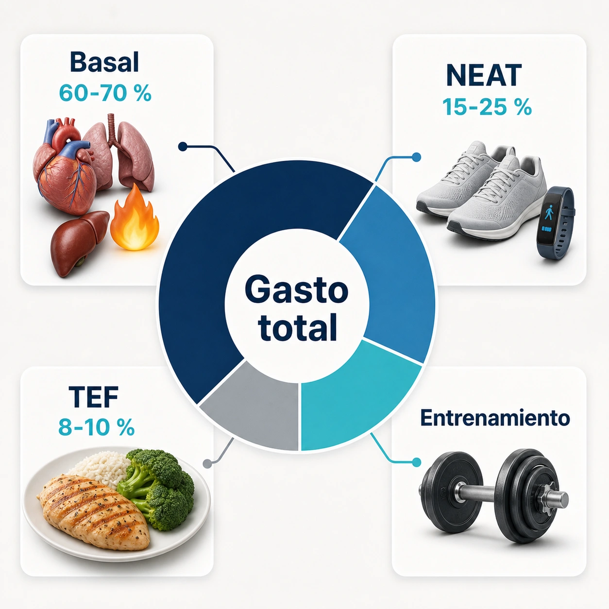 Diagrama del gasto energetico total dividido en basal, NEAT, efecto termico de los alimentos y entrenamiento