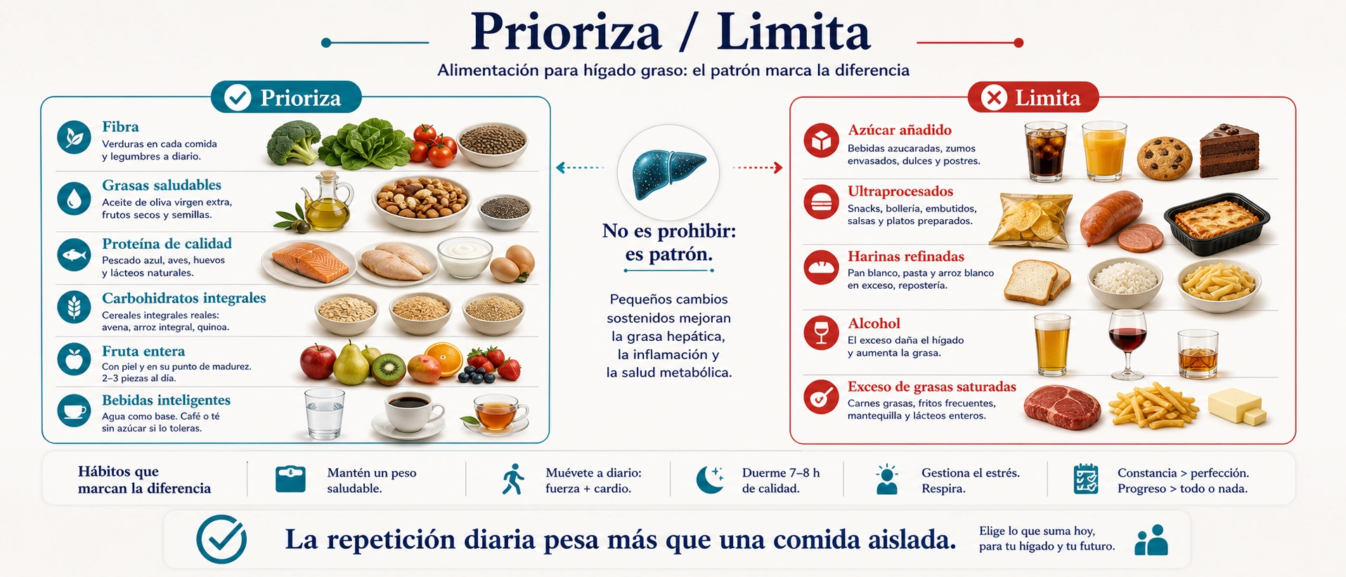 Alimentos a priorizar y limitar en higado graso con fibra grasas saludables azucar ultraprocesados y alcohol
