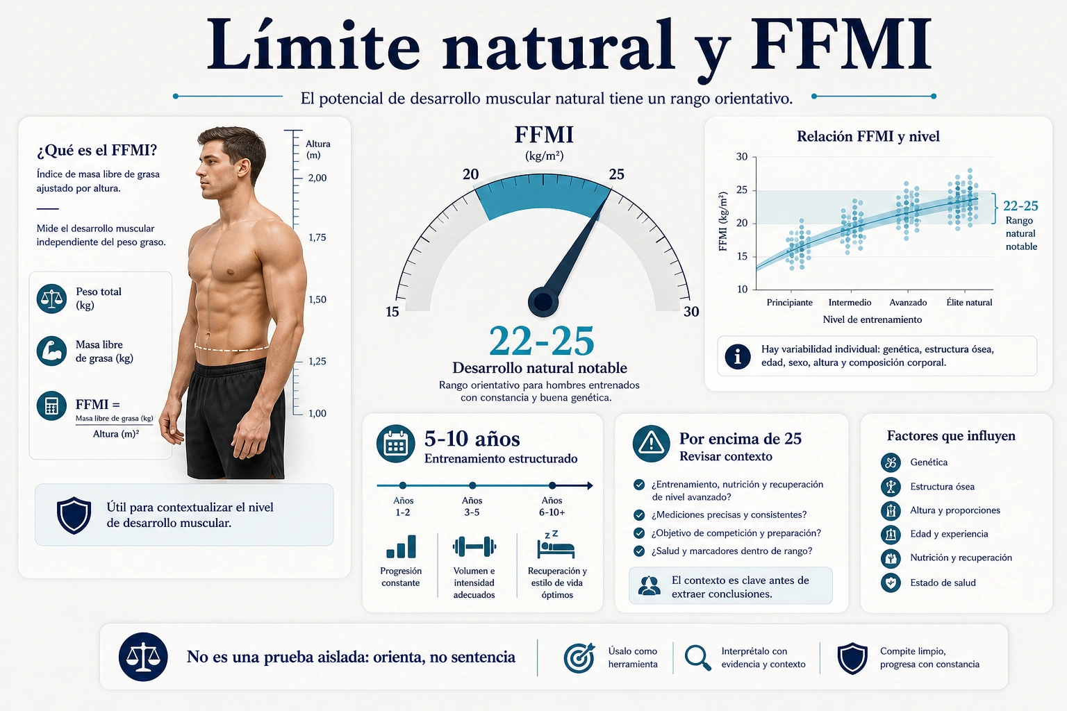 Limite natural y FFMI con rango veintidos a veinticinco desarrollo natural notable y entrenamiento estructurado