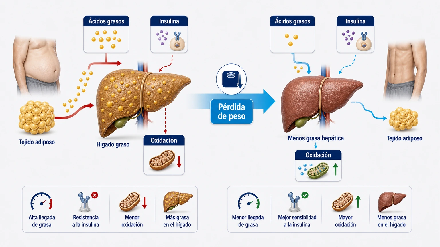Diagrama del mecanismo por el que la pérdida de peso reduce ácidos grasos y grasa hepática