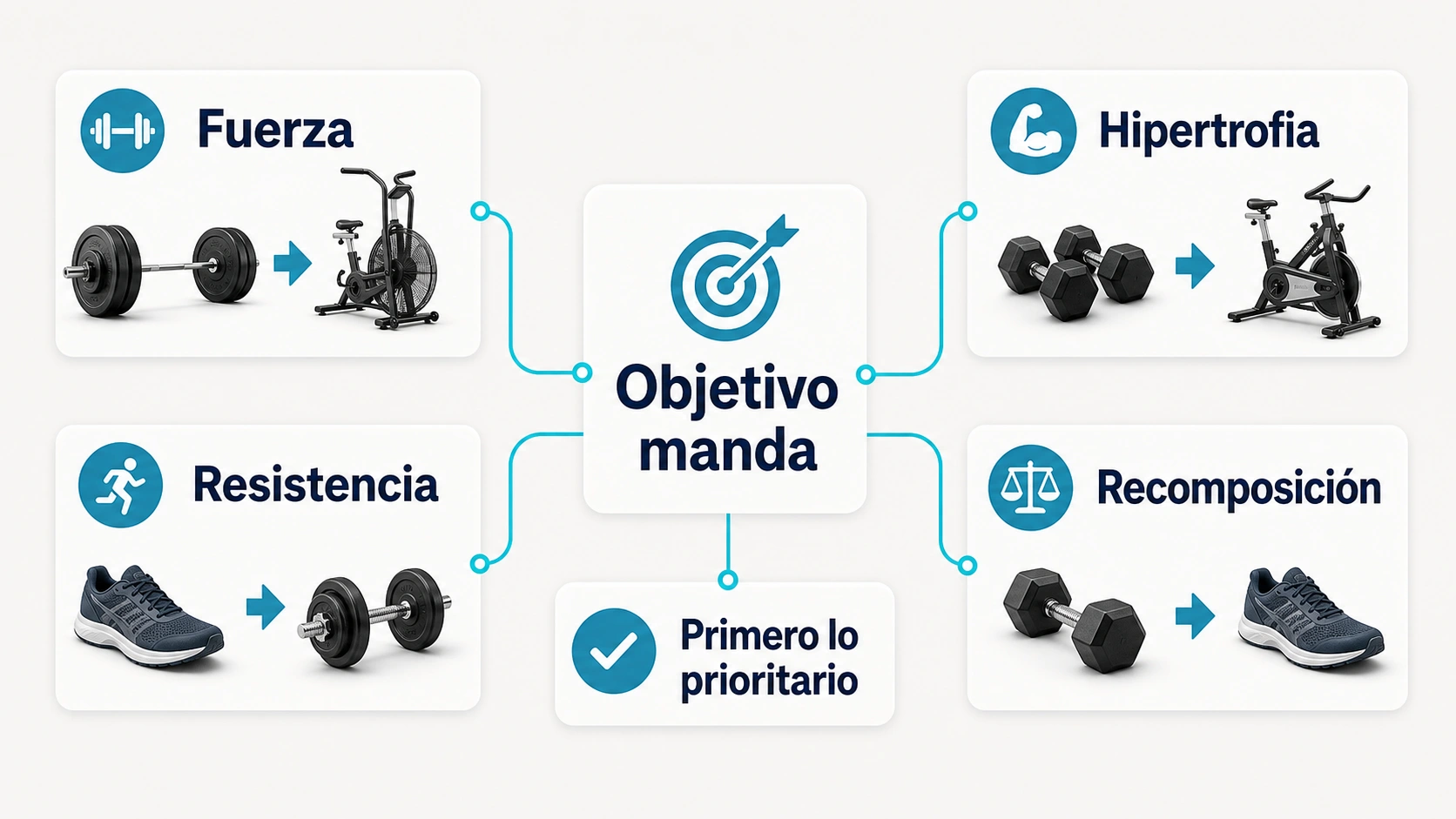 Matriz de orden entre cardio y fuerza segun objetivo fuerza hipertrofia resistencia o recomposicion