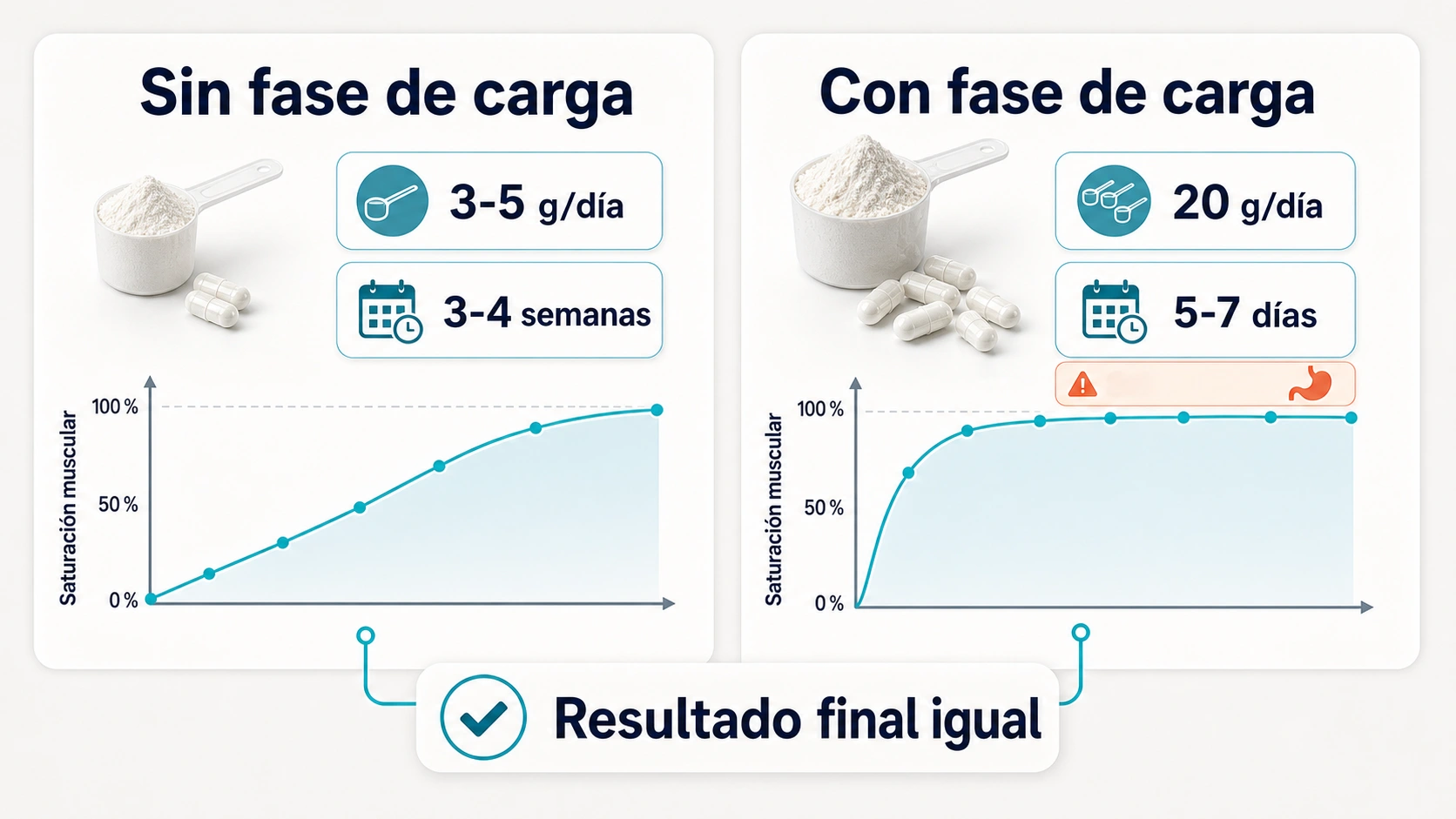 Comparativa de protocolo de creatina sin fase de carga y con fase de carga hasta saturacion muscular
