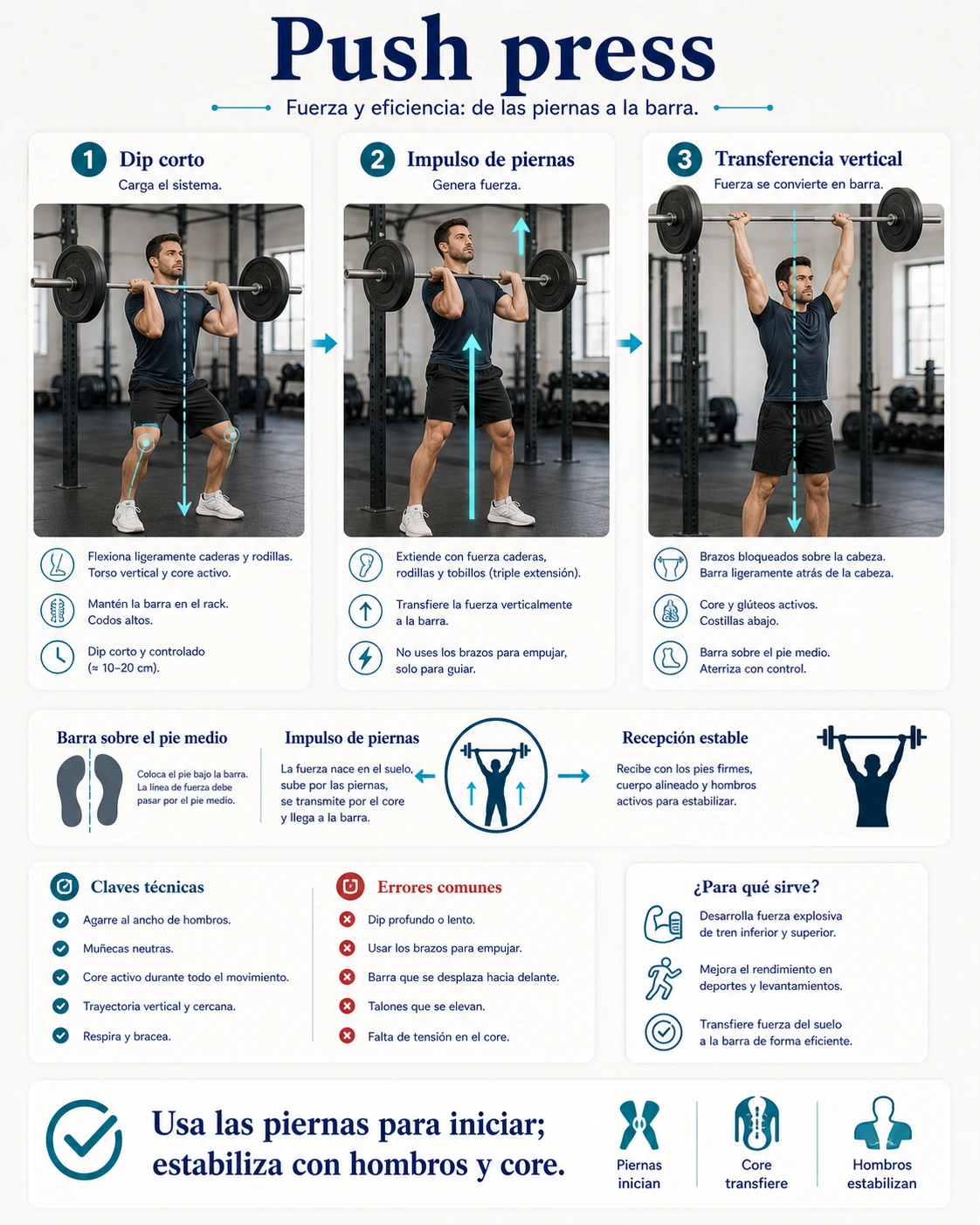 Push press con barra para hombro con impulso de piernas transferencia vertical y recepcion estable