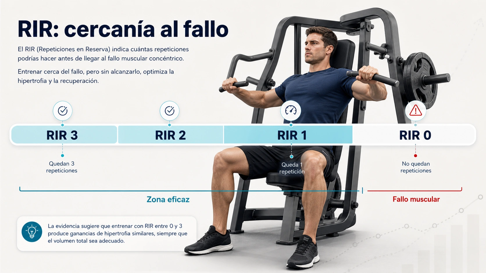 Escala RIR de cercania al fallo muscular con RIR tres RIR dos RIR uno RIR cero zona eficaz y fallo muscular