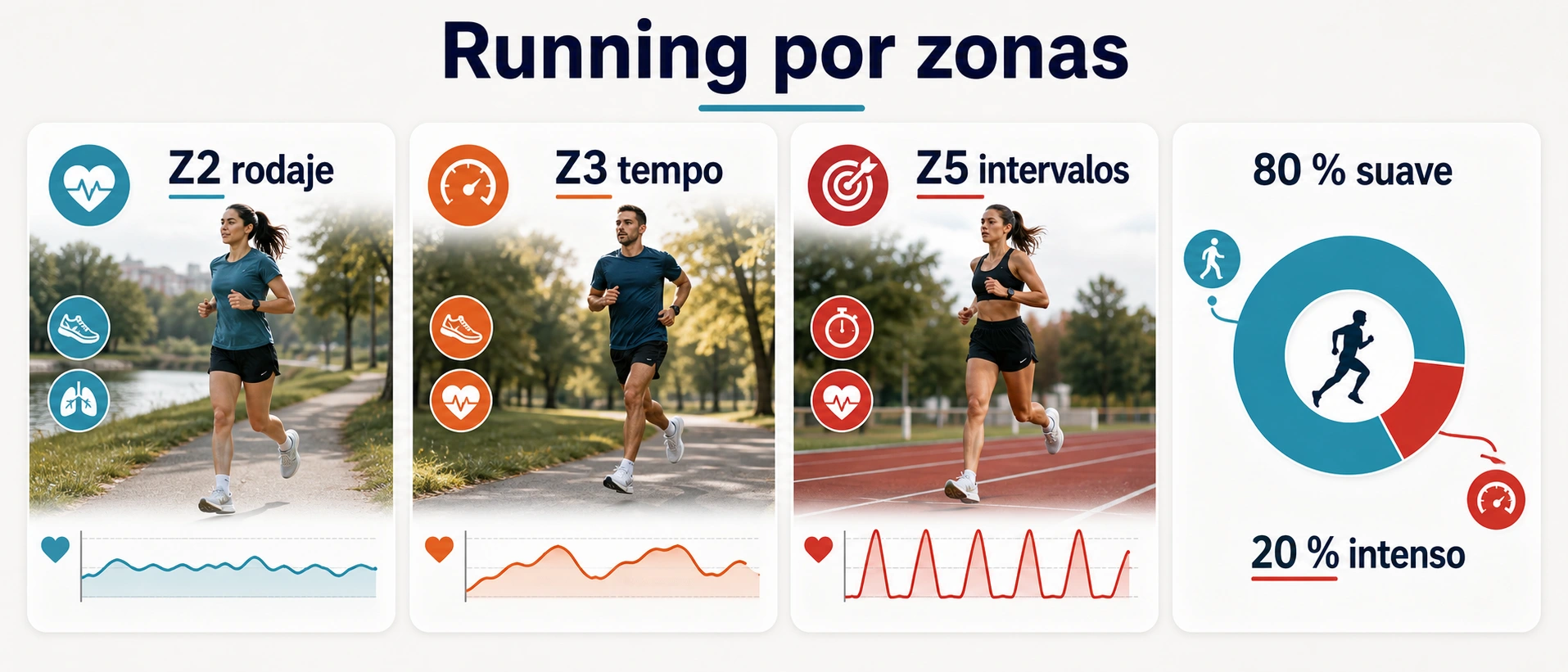 Aplicacion de zonas de entrenamiento en running con zona dos rodaje zona tres tempo zona cinco intervalos y distribucion ochenta veinte