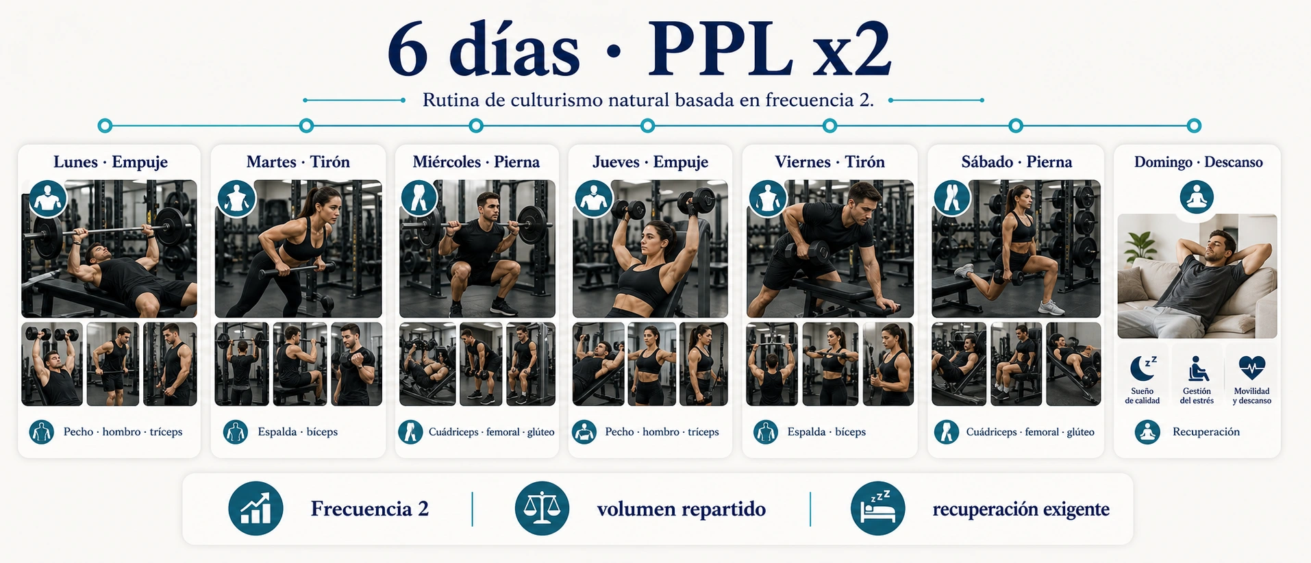 Rutina de culturismo natural de seis dias PPL por dos con frecuencia dos volumen repartido y recuperacion exigente