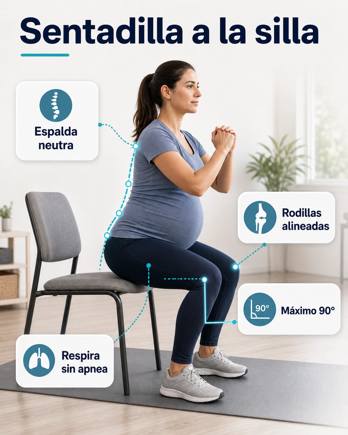 Tecnica segura de sentadilla a la silla durante el embarazo con rodillas alineadas espalda neutra y maximo noventa grados