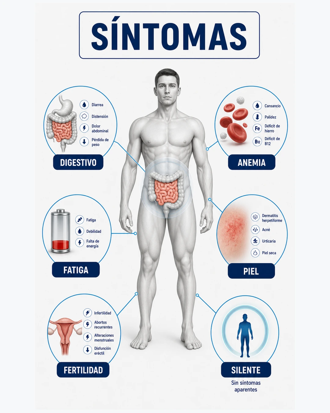 Ilustración de síntomas de celiaquía digestivos anemia fatiga piel fertilidad y forma silente