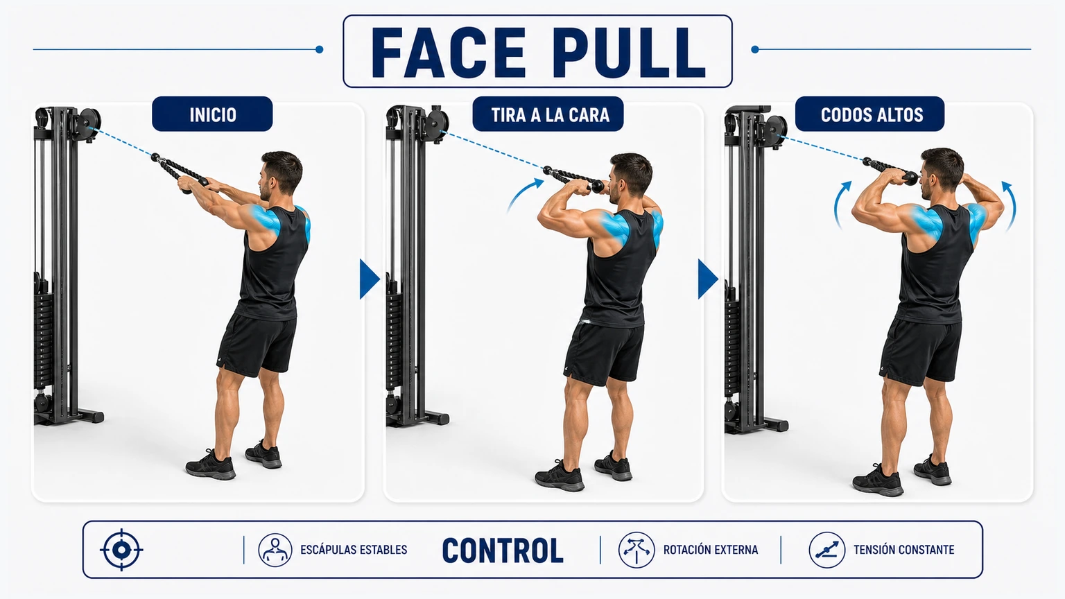 Secuencia técnica del face pull con inicio tirón hacia la cara codos altos y control