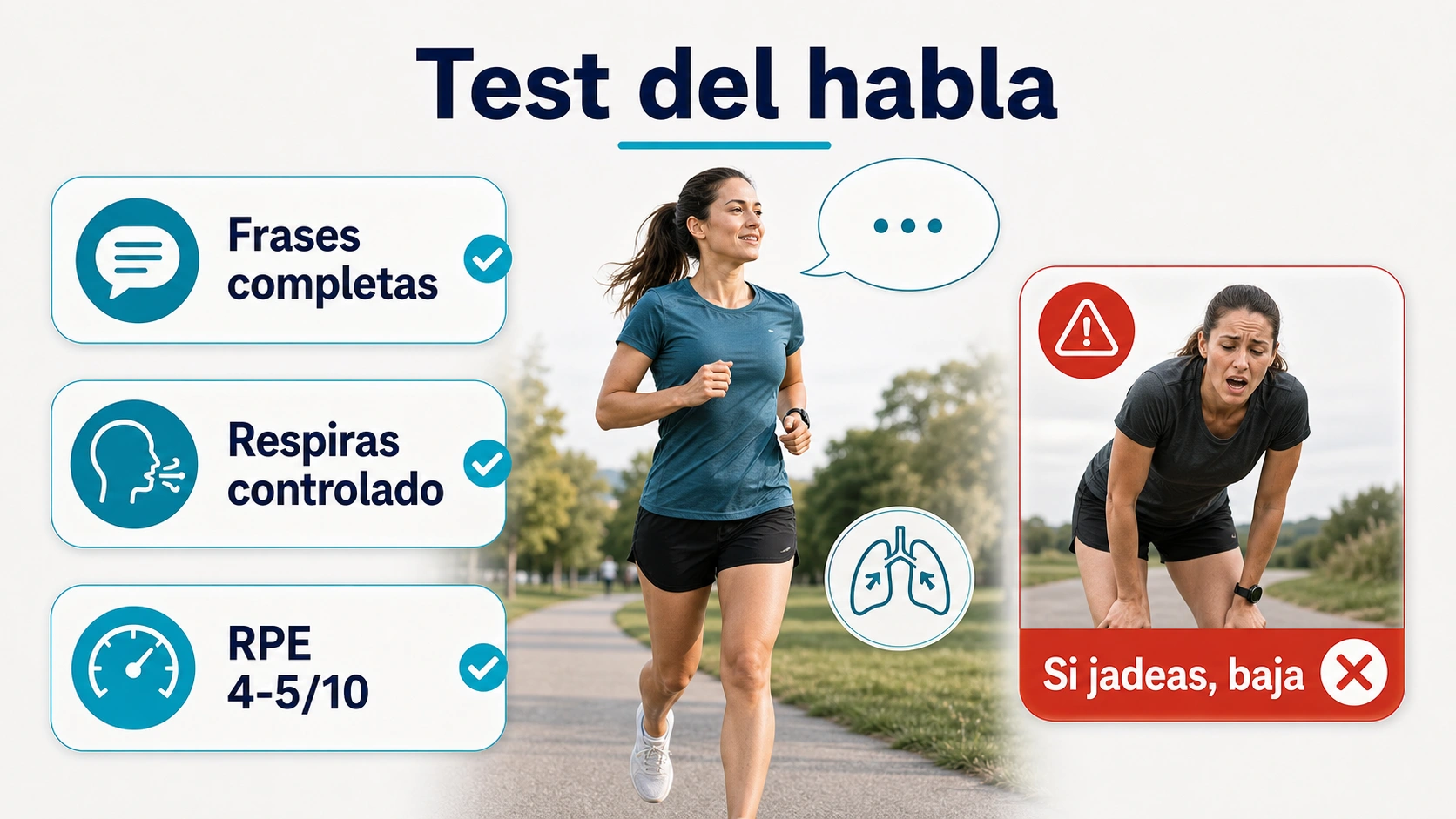 Infografia del test del habla para correr en zona 2 con frases completas respiracion controlada y RPE cuatro a cinco