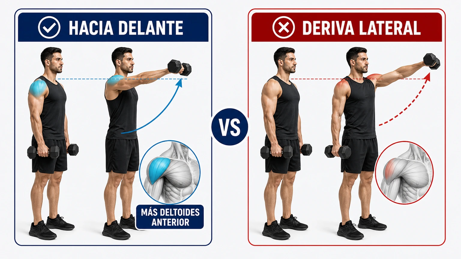 Comparativa de trayectoria correcta hacia delante frente a deriva lateral en elevaciones frontales